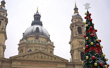 A Christmas tree in front of St Stephen's Basilica in Budapest